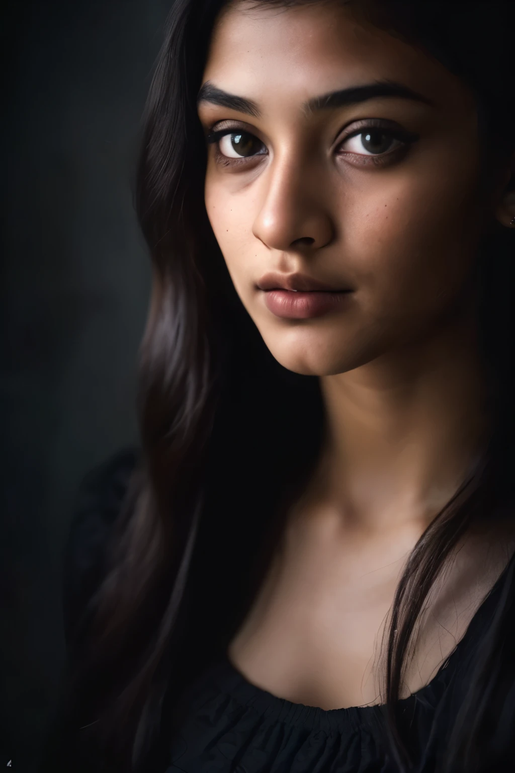 (close-up, editorial photograph of a 21 year old woman), (highly detailed face:1.4) (smile:0.7) (background inside dark, moody, private study:1.3) POV, by lee jeffries, nikon d850, film stock photograph ,4 kodak portra 400 ,camera f1.6 lens ,rich colors ,hyper realistic ,lifelike texture, dramatic lighting , cinestill 800, indian American like princess