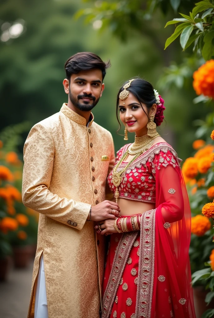 Indian couple in traditional wear  looking straight and the picture is portrait type
