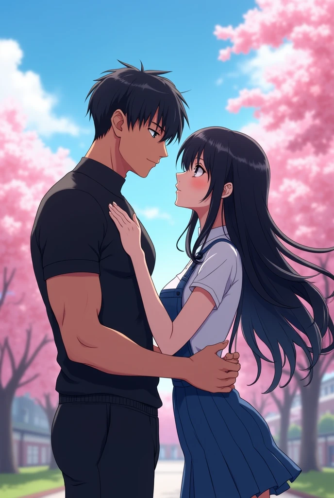 anime style,high school couple , a boy touch the girl hair , boy is a badminton player height:180 white skin thin muscle and tall and Textured bowl cut and waer exercise clothing(black)  , the girl has long black curve hair introvert and shine and very cute, girl wear suspender dress，skin white
4k high quality  wallpaper