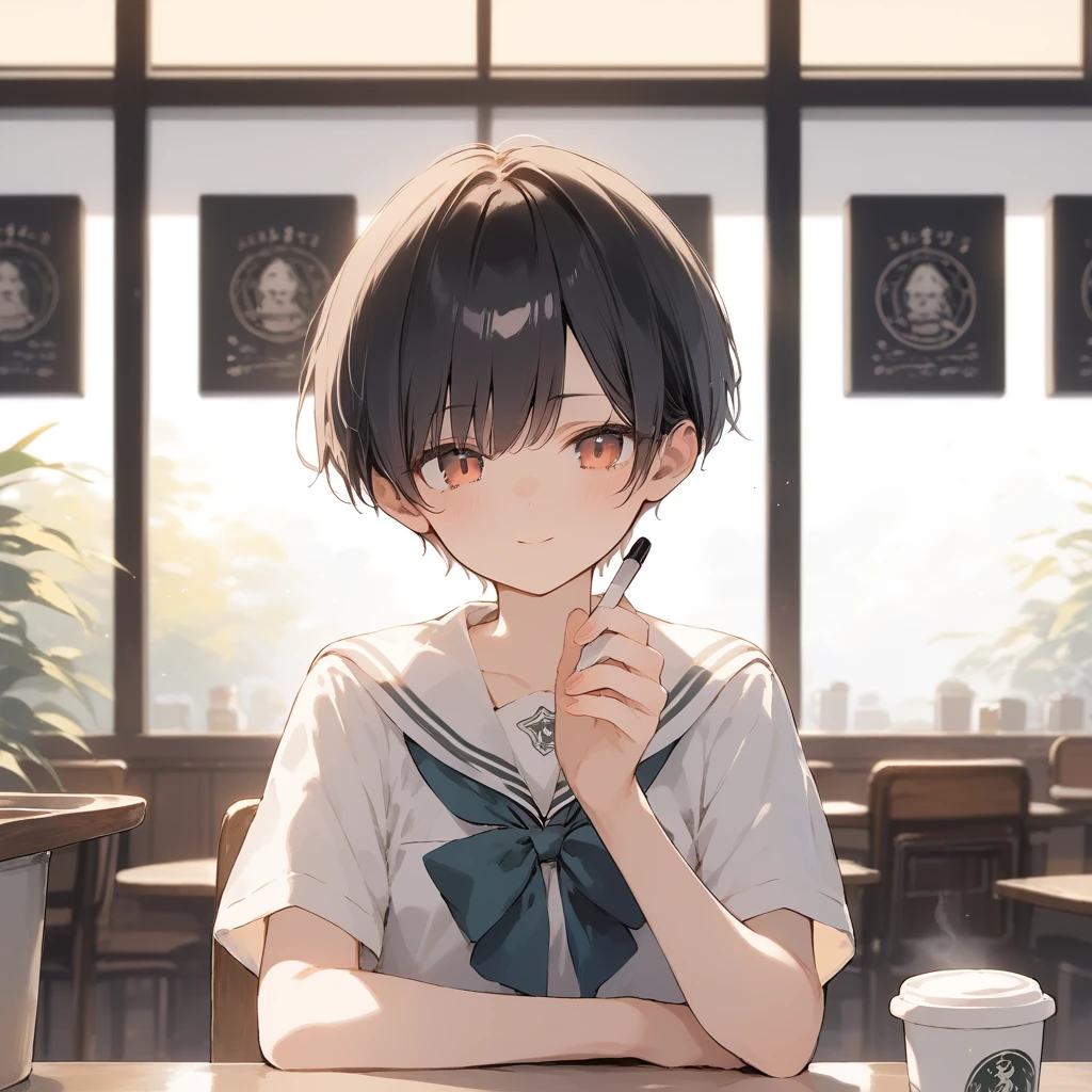 score_9, score_8_up, score_7_up, source_anime, best quality, masterpiece, official art, absurdres, highres, ultra-detailed,waifu2x,Collection: Pixiv 1000,break,1girl, very short hair, pixie cut, small breasts, school uniform, A girl drinking coffee in an old coffee shop, coffee shop, austere interior,break,(clear line illustration:1.2), super detailed skin, shiny skin, very high resolution, very aesthetic, Best sexual lighting powered by famous artist, 8k, 16k, cute picture, beauty illustration,photoshop_(medium),,(Detailed Lighting),best anime 8k konachan wallpaper, pixiv contest winner, uncensored,