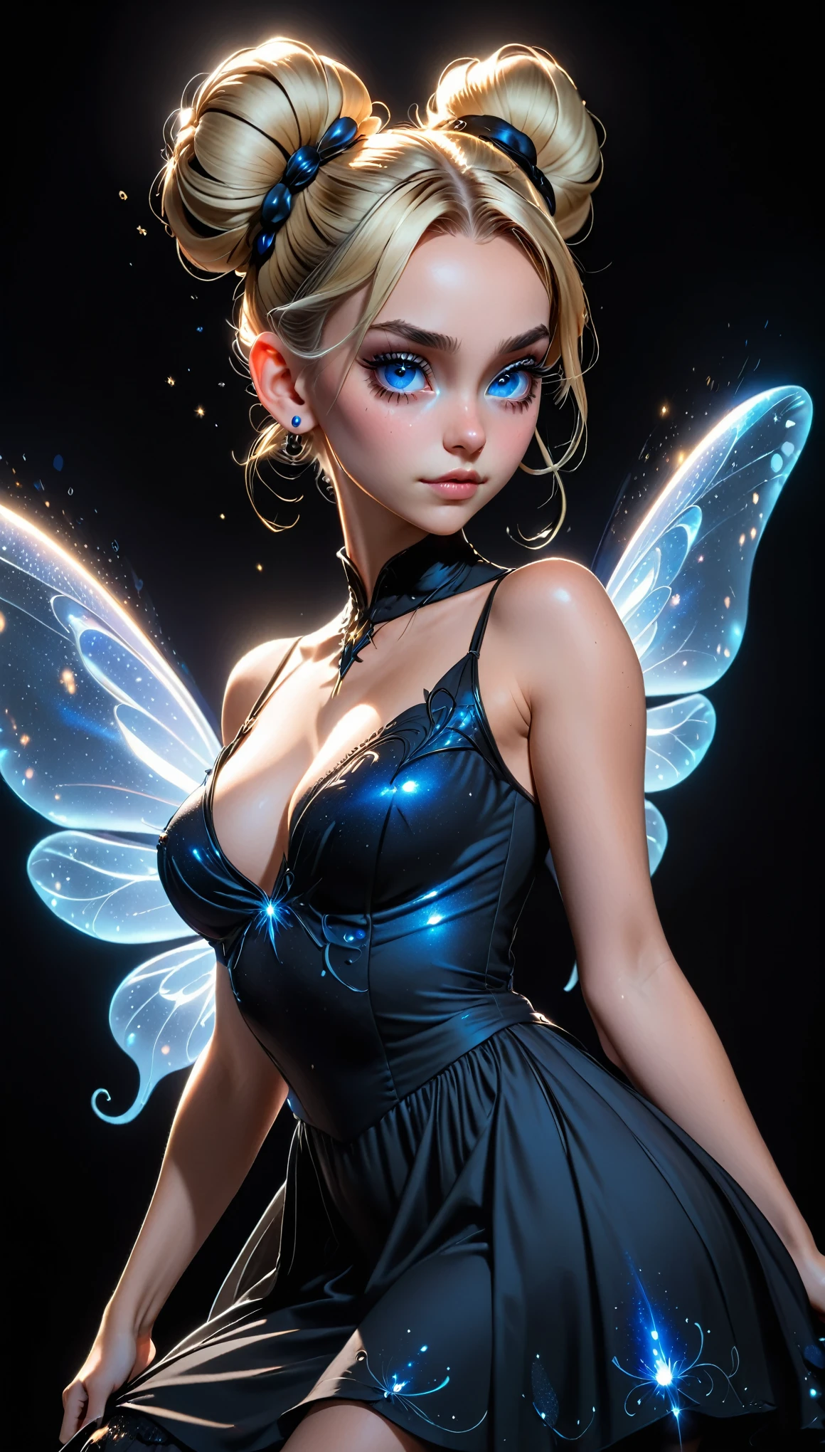 High resolution, Highly detailed, Perfect lighting, Beautiful detailed eyes, Torso, Black background, 1 girl, Alone, Looking at viewer, Tinker Waifu, Magic particles, Leaning forward, Medium breasts, Narrow waist, Fairy wings, Blonde hair, Blue eyes, Gothic, Black dress, Shadow, Sexy, Hair bun, Disney style, Looking at viewer,