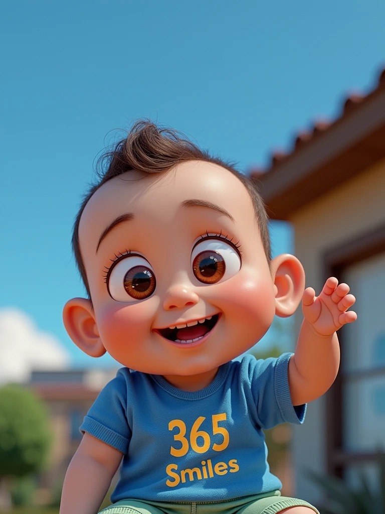 Cartoon character of a 1 year old baby with fair skin and short curly hair on top , brown slanted eyes and blue shirt with 365 smiles written on it, light green shorts an animated character, stylized character, animation style rendering, 3d stylized, Arnold Maya rendering, Stylized 3D rendering, toon render screenshot, 3d character, 3d character, Stylized 3D rendering, 3D character rendering, cartoon character, Personagem de close up, character posing, (Pixar-style) (master part:1.2) (bokeh) (best qualityer) (skin detailed) (detailed texture) (8k) (Argilla) (cinematic lighting) (sharp focus,Sit down and lift your upper body