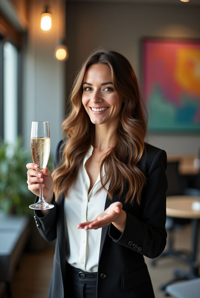 Create a woman drawing with long brown hair anda glass. This woman need to be smart, funny and need know sell everything