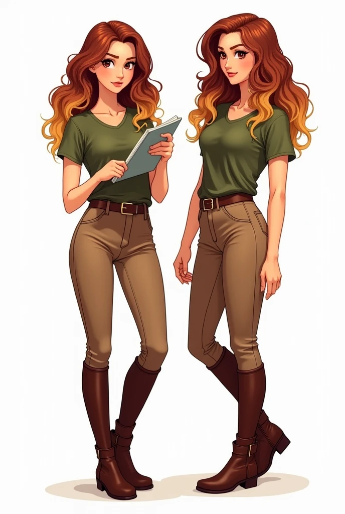 Illustration sur fond blanc. Femme aux cheveux longs, bouclés, châtain avec un dégradé blond, yeux noisette, t-shirt vert militaire, pantalon d’équitation marron avec ceinture et boots marron. Dans différentes situations : prend des notes ; debout ; heureuse ; triste