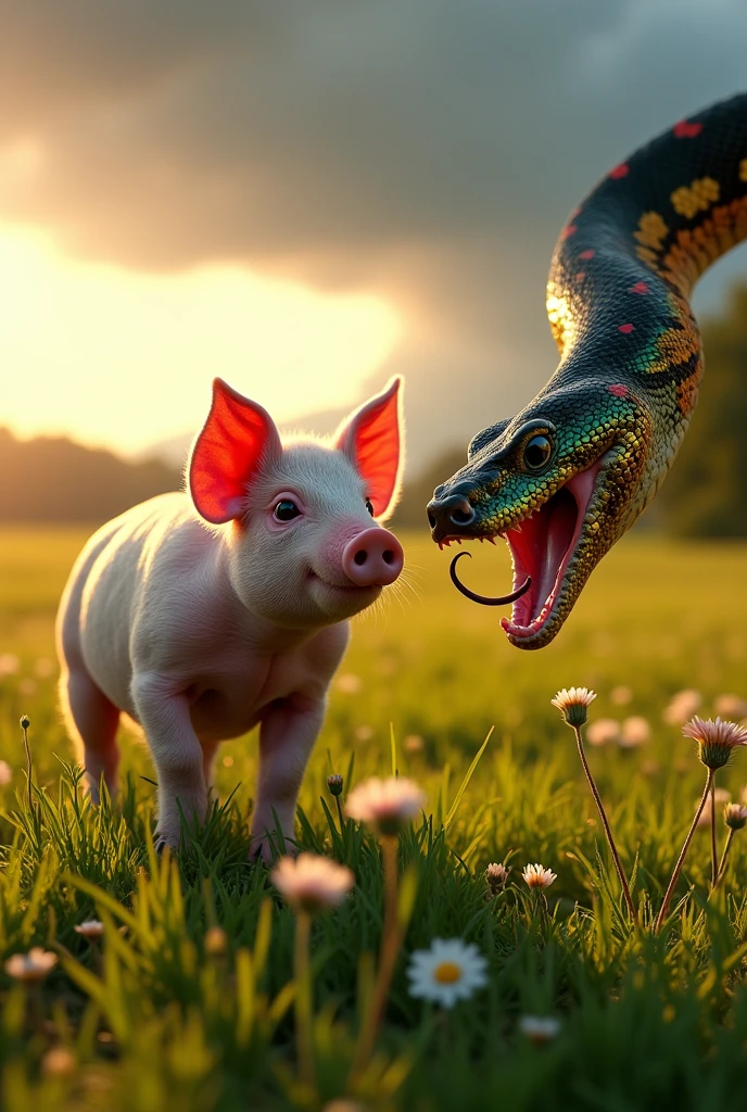 Pig being bitten by a venomous snake 