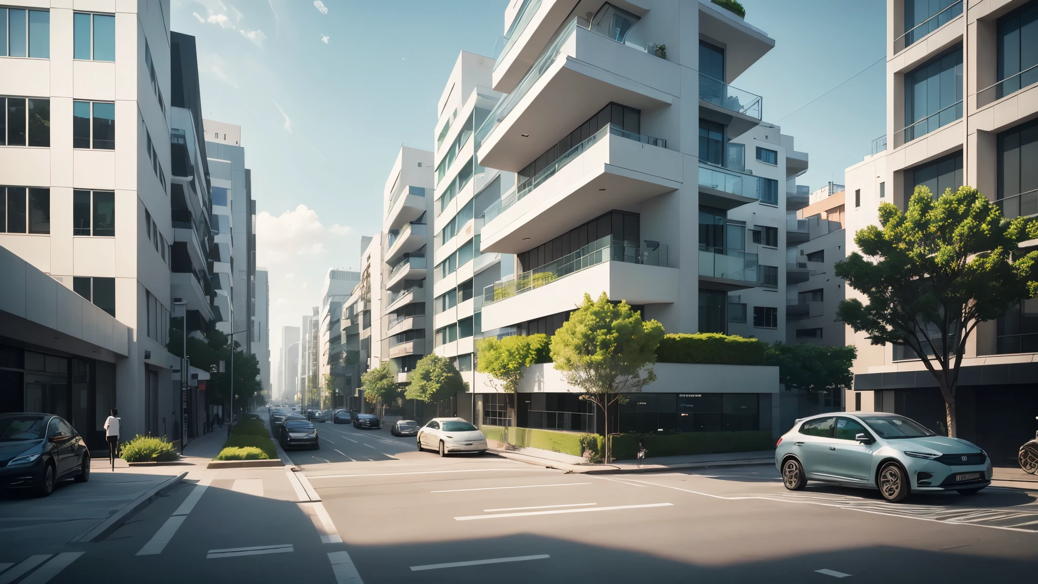 Create a city background that is calming and minimalistic, inspired by a modern aesthetic rather than the Frieren anime style, The scene should feature a contemporary urban environment during the day, with modern buildings and clean lines, (((cars))), (peoples))), Include elements such as wide streets, simple architecture, and greenery like small trees or planters, The color palette should be soft and soothing, with light tones of blue, gray, and green, The overall design should convey a peaceful and modern urban atmosphere, focusing on simplicity and clarity