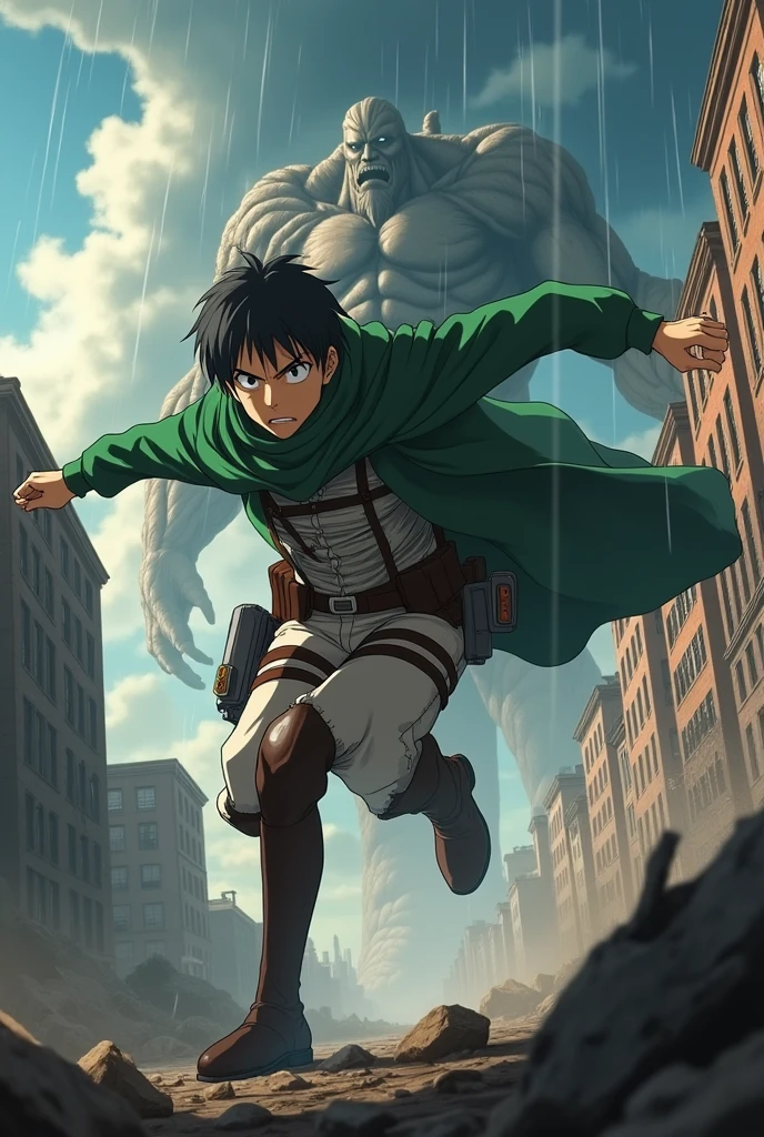 Draw a scene from the anime attack on titan, where the scout soldier fights titans from behind.
