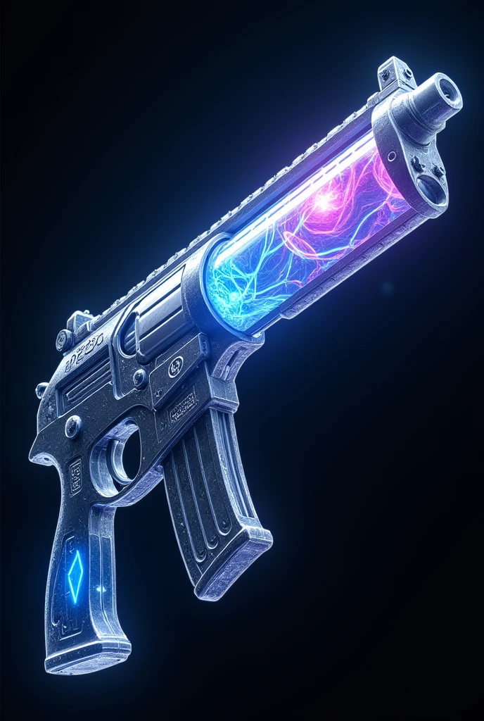  P90 is design with a sleek, otherworldly aesthetic. The body of the weapon is made from Celestium, a rare, shimmering metal with a surface that appears to ripple like liquid under light. The barrel is semi-transparent, revealing swirling plasma energy within, glowing with a mix of deep blue, violet, and white. The weapon’s edges are lined with small, glowing runes that pulse in sync with the plasma inside.