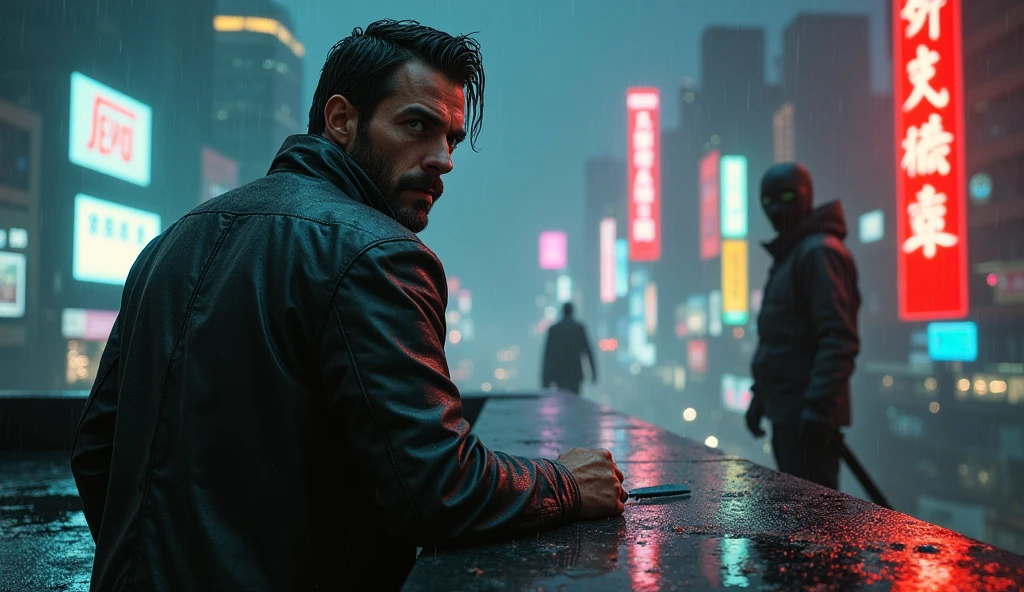 Visuals: A close-up shot reveals the protagonist standing on the edge of a rain-soaked rooftop, his back against the wall. His green eyes scan the surroundings as the rain drips down his face. The camera then pulls back to reveal the city skyline, with towering skyscrapers illuminated by neon signs and billboards. Suddenly, one of the mercenaries lands on the rooftop in front of him, their dark visor reflecting the neon lights. Both prepare for a showdown.
Action: The protagonist pulls out a sleek black knife from his belt, while the mercenary unsheathes a katana. They circle each other, the tension palpable.
Prompt: "A hyperrealistic image of a rugged man in his mid-30s with intense green eyes and a weathered leather jacket, standing on the edge of a rain-soaked rooftop in a neon-lit city. Rain drips down his face as he prepares for a showdown with a masked mercenary wielding a katana. The mercenary's dark visor reflects the vibrant neon lights of the towering skyscrapers around them. The atmosphere is tense, with dramatic lighting and reflections creating a film noir mood. High-quality details in the rain, the reflections, and the characters' expressions are crucial."
