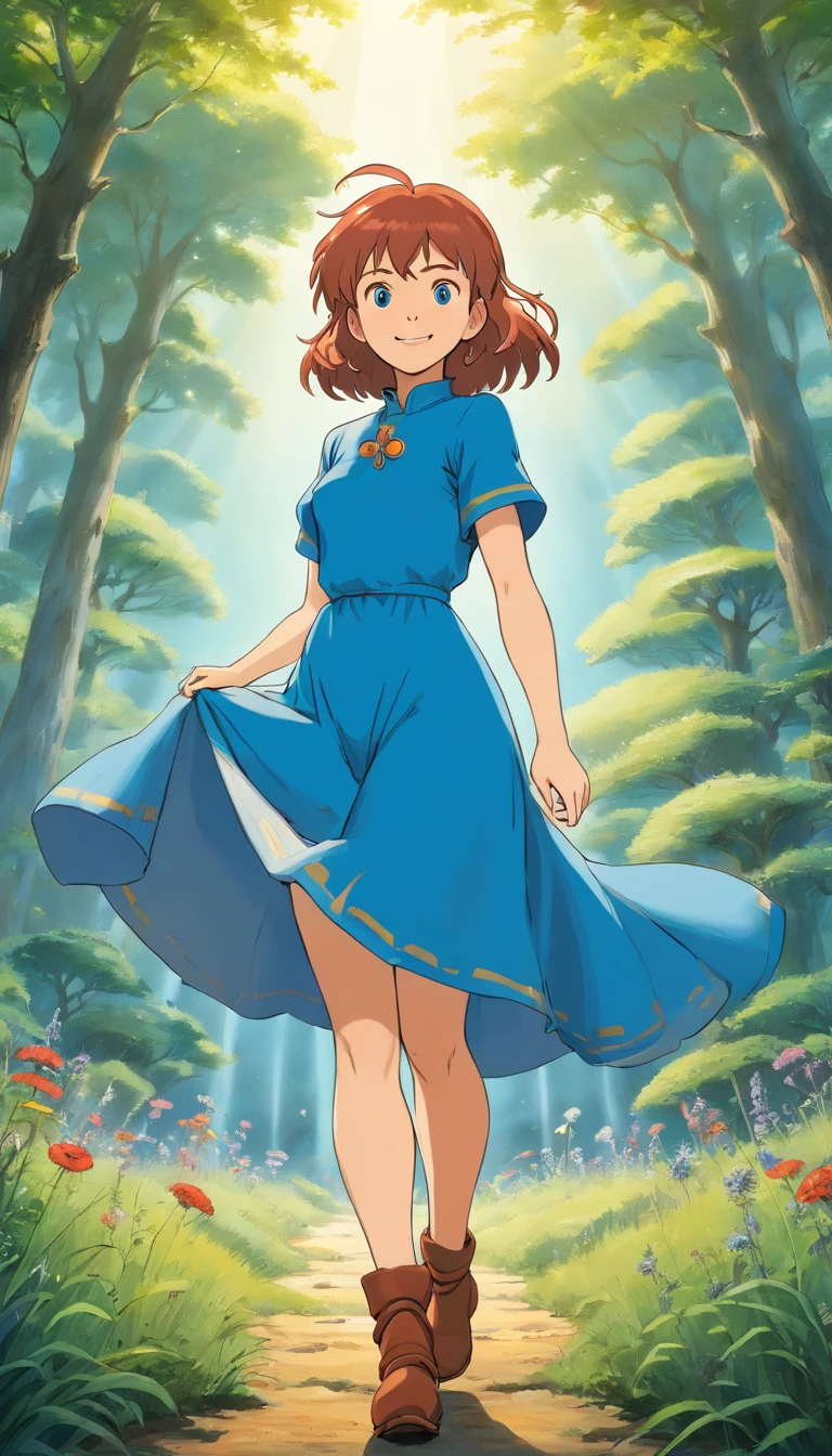 a beautiful detailed busty woman, Nausicaa, ,front,Blue dress, whole body, Blue Boots, smiling, full body, highly detailed, photorealistic, 8k, ultra-detailed, (best quality:1.2), (realistic:1.37), (masterpiece:1.2), porcelain skin, long eyelashes, beautiful detailed eyes, beautiful detailed lips, extremely detailed facial features, intricate folds and textures on dress, dynamic lighting, vibrant colors, warm color palette, natural lighting, studio lighting,BREAK,front,Standing posture,grassland,Nausicaa,吉卜力,
