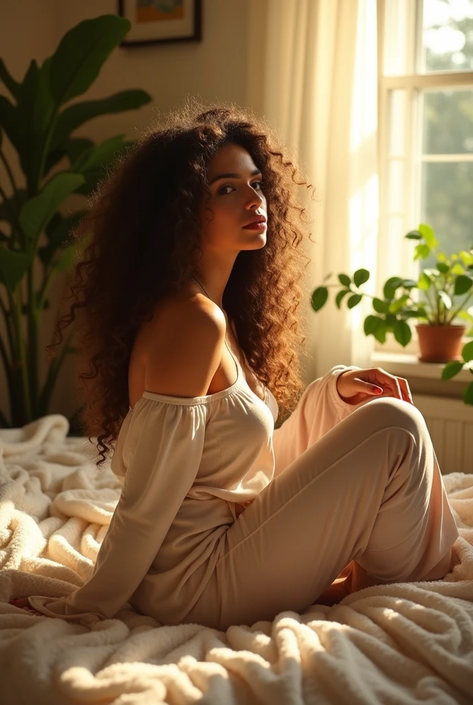 (photorealism:1.2), beautiful woman, sitting on bed, wearing loose off-shoulder top, pajama pants, long curly hair, indoors, soft lighting, plants in background, window with sunlight, cozy room, relaxed pose, realistic, intricate details, warm colors, by Greg Rutkowski, by Alphonse Mucha
