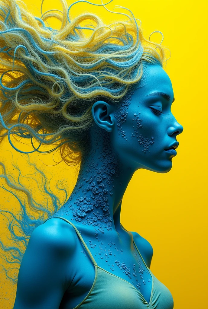 Create an ethereal, surreal portrait of a futuristic, alien-like strong beautiful female figure with intricate details. Her skin is a vibrant, cyan blue with complex, organic patterns resembling coral or bio-mechanical textures. She has an otherworldly aura with flowing, tendril-like hair that blends seamlessly into her body, and the hair is a bright, saturated yellow that contrasts starkly with her blue skin. The background should be a solid, radiant yellow with splashes of blue paint, giving a sense of both chaos and harmony. The overall atmosphere should be a mix of fantasy and science fiction, with the character exuding a calm, yet powerful presence.