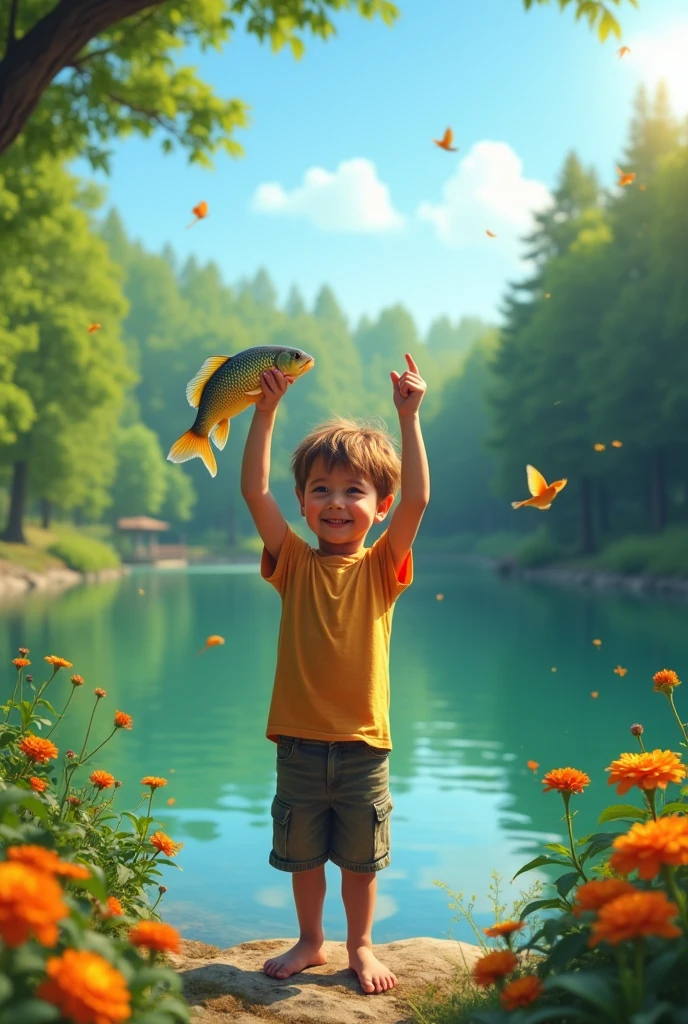 A boy that caught a fish with hand but carp fish in the lake but the lake is coverd with trees and flowers while flying birds on the sky