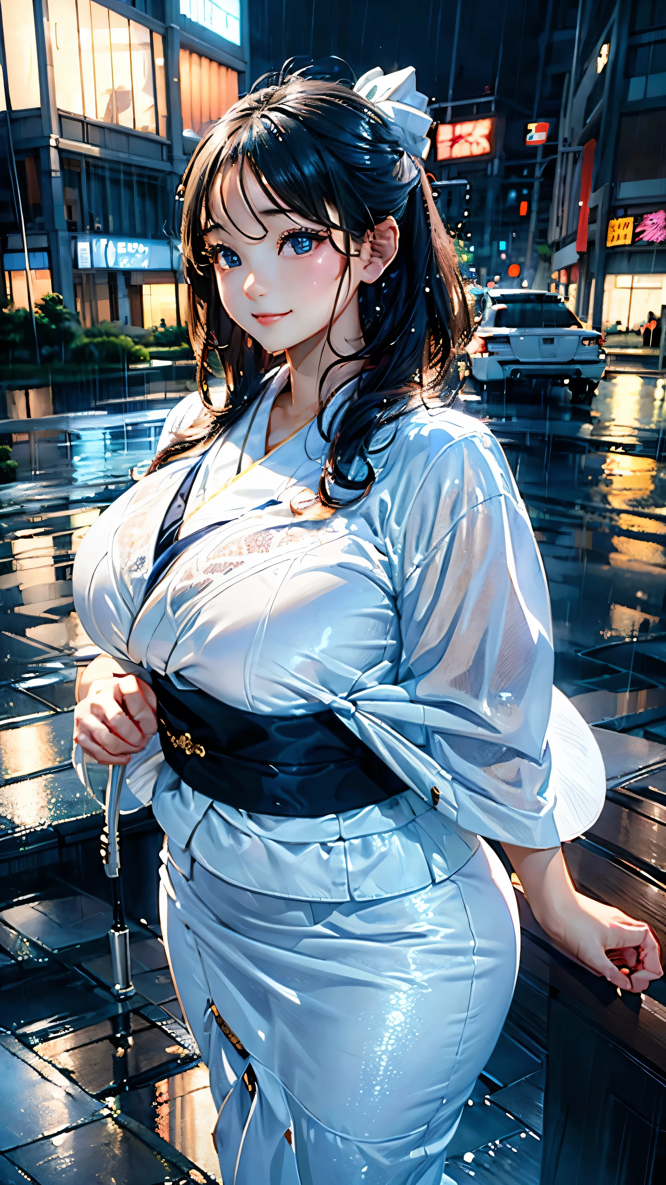 Dressed in a white kimono、A young girl with a plump body、Quiet 3D painting。, Rainy nights、On the roof。, With a beautiful umbrella. The silhouette of the city gently illuminates her。, Realistic rain and detailed textures add to the tranquil atmosphere.。.