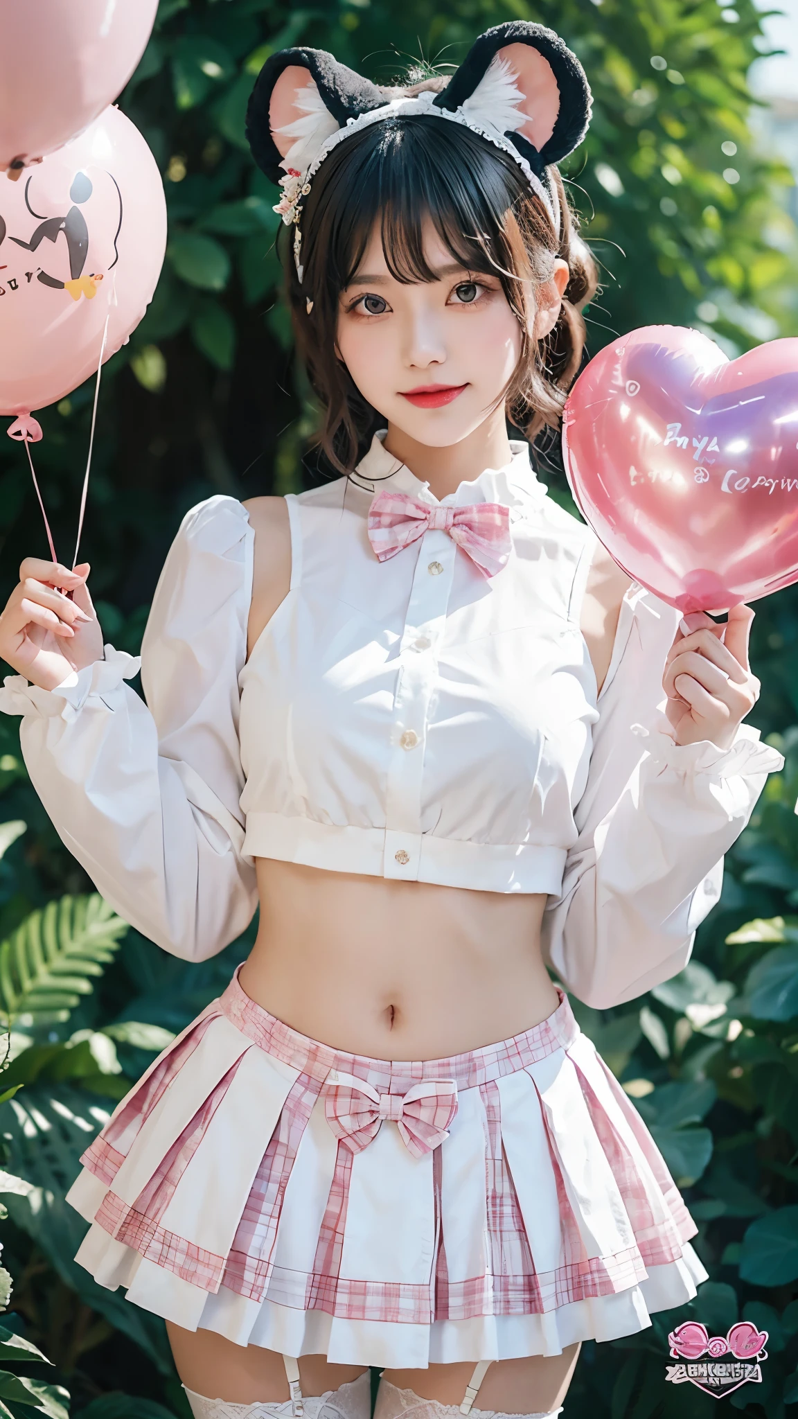 embedding:zPDXL2, film grain,Cinematic Lighting, Expressiveh,th3rm4l,colorful,MythAn1m3,mythp0rt, vikala \(granblue fantasy\), 1girl, solo, looking at viewer, blush, smile, short hair, open mouth, bangs, skirt, shirt, hair ornament, red eyes, long sleeves, bow, navel, holding, animal ears, jewelry, underwear, standing, panties, white shirt, white hair, :d, hair bow, heart, pleated skirt, hairband, outdoors, frills, sky, hairclip, midriff, miniskirt, wide sleeves, white panties, crop top, sleeves past wrists, thigh strap, fake animal ears, pantyshot, cover, white skirt, brooch, cover page, doujin cover, mouse ears, balloon, heart brooch, holding balloon,