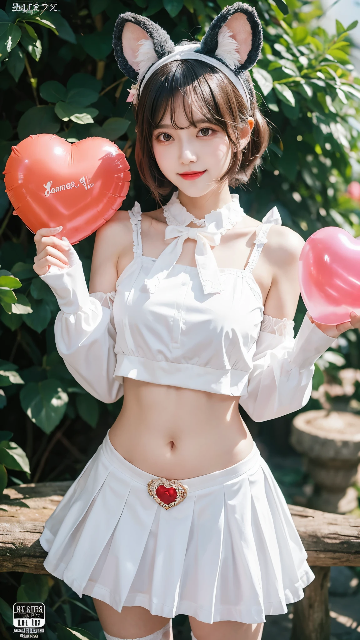 embedding:zPDXL2, film grain,Cinematic Lighting, Expressiveh,th3rm4l,colorful,MythAn1m3,mythp0rt, vikala \(granblue fantasy\), 1girl, solo, looking at viewer, blush, smile, short hair, open mouth, bangs, skirt, shirt, hair ornament, red eyes, long sleeves, bow, navel, holding, animal ears, jewelry, underwear, standing, panties, white shirt, white hair, :d, hair bow, heart, pleated skirt, hairband, outdoors, frills, sky, hairclip, midriff, miniskirt, wide sleeves, white panties, crop top, sleeves past wrists, thigh strap, fake animal ears, pantyshot, cover, white skirt, brooch, cover page, doujin cover, mouse ears, balloon, heart brooch, holding balloon,