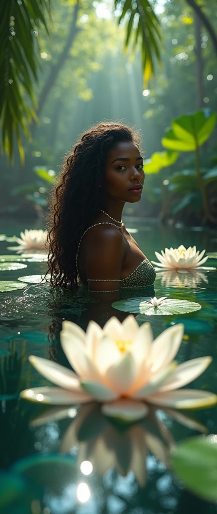 ((best qualityer)), ((Wallpaper)), ((4K)), ((HD Waters)), ((Cenário best qualityer)), ((Amazon rainforest scenario)), beautiful mermaid with pearl jewelry and white lotus flowers, very long and curly hair, brown skin.