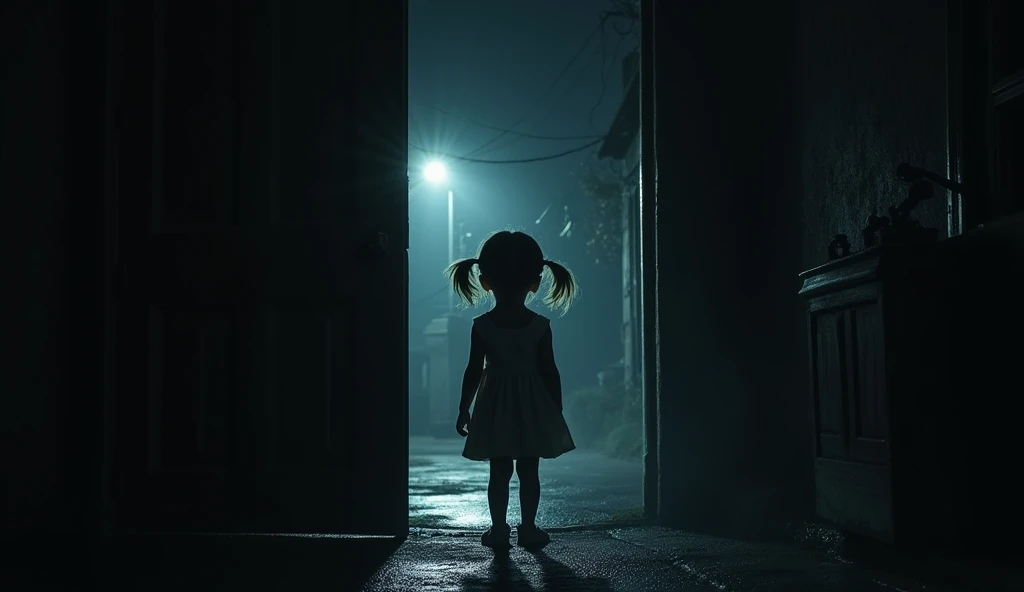 Character: Kittu standing still, just outside a darkened doorway. Two pale, ghostly hands are reaching out from the shadows inside the door to pull her in.
Background: The door is halfway open, with an unnatural darkness seeping out from within. The surrounding area is dim, with only a faint light from a distant streetlamp outside the window casting a weak glow. The scene should emphasize the contrast between the innocent child and the sinister, grasping hands