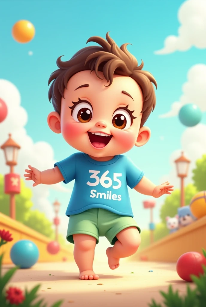 Cartoon character of a baby 9 months fair skin short hair with curls on top , brown slanted eyes and blue shirt with 365 smiles written on it, light green shorts an animated character