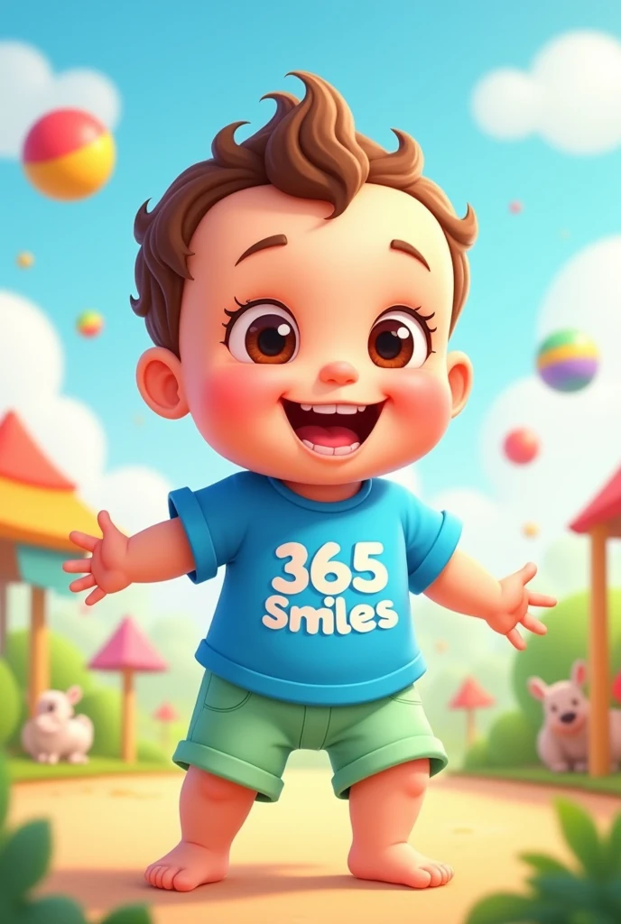 Cartoon character of a baby 9 months fair skin short hair with curls on top , brown slanted eyes and blue shirt with 365 smiles written on it, light green shorts an animated character