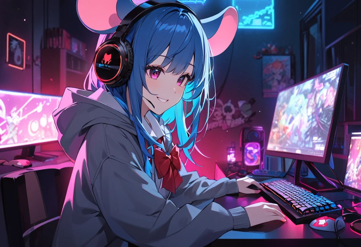 Blue Hair Girl、Hoodie with hood、{gray hoodie, hood up,Hoodie with big mouse ears}、High School Uniform、{White collared shirt、Red bow tie},smile、Dark Room、Using a gaming PC、Headphones、Desktop type gaming PC with visible internal structure illuminated by neon lights、
