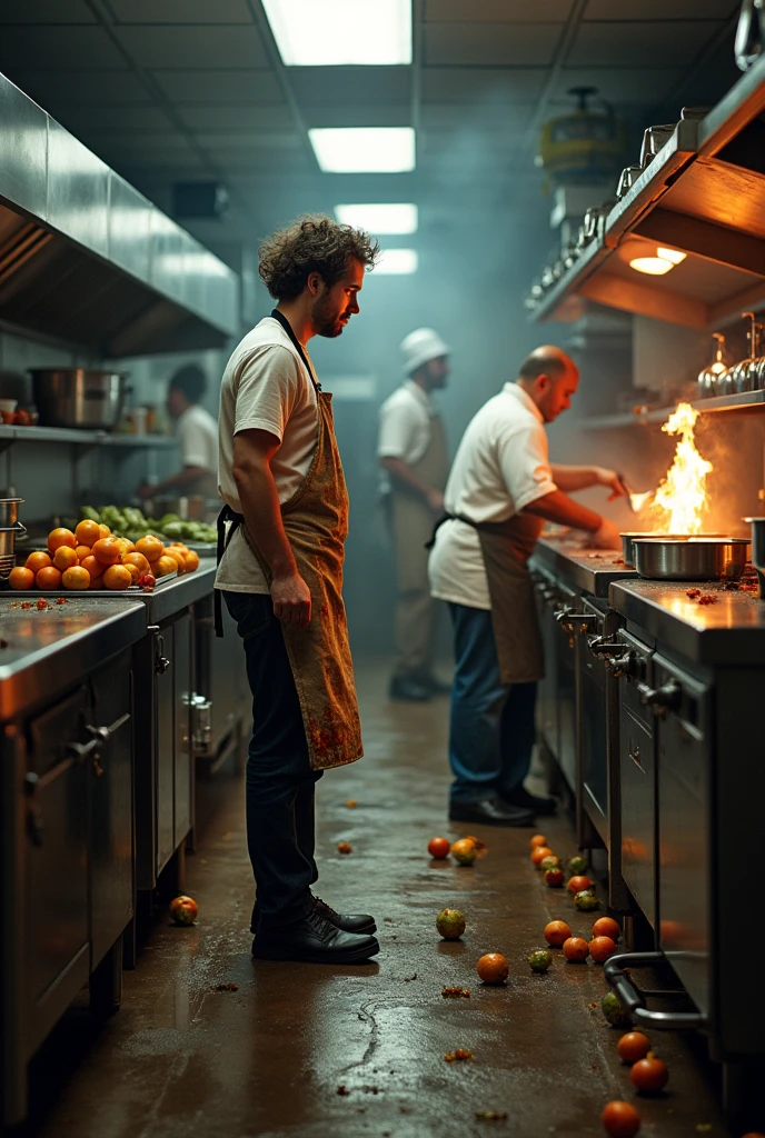 A picture that violates kitchen safety in an industrial kitchen
