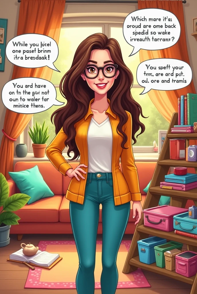 Create a woman cartoon with long brown hair anda glass. This woman need to be smart, funny and need know sell things of home 