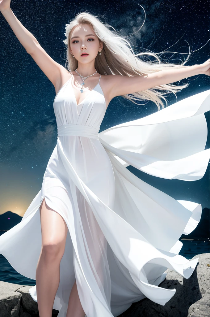 Beautiful woman in white dress standing in sea water,flowing skirt, barefoot, glowing face, eyes shining, pale skin, goddess, get the key, Diamond necklace, Pearl in water, night, Starry Sky, Sky and Milky Way, full moon in background, Como uma goddess, Walk on water, enlightened woman, blue water, wearing a White flowing dress, White flowing dress, She floats in the air, flowing white robe, stand on tiptoes, elegant dress, lindo White long skirt longo, Wearing a flowing dress, floating in the air, White long skirt, Stylish floating pose, hair blowing in the wind, girl dancing in white dress, mystery, magic, realist, shocking, dark, Dramatic, , mystery, goddess