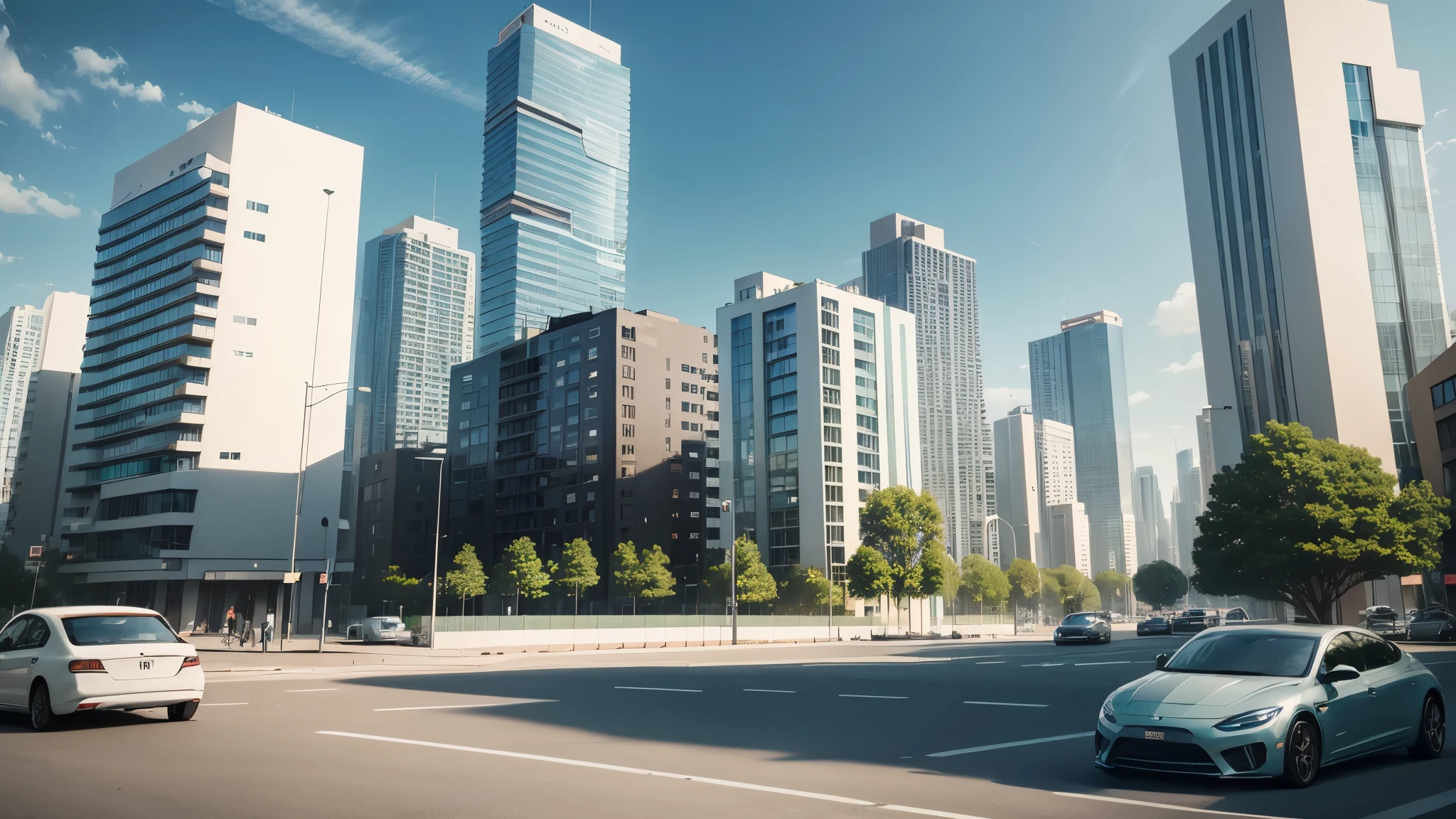 Create a city background that is calming and minimalistic, inspired by a modern aesthetic rather than the Frieren anime style, The scene should feature a contemporary urban environment during the day, with modern buildings and clean lines, (((cars))), (peoples))), Include elements such as wide streets, simple architecture, and greenery like small trees or planters, The color palette should be soft and soothing, with light tones of blue, gray, and green, The overall design should convey a peaceful and modern urban atmosphere, focusing on simplicity and clarity