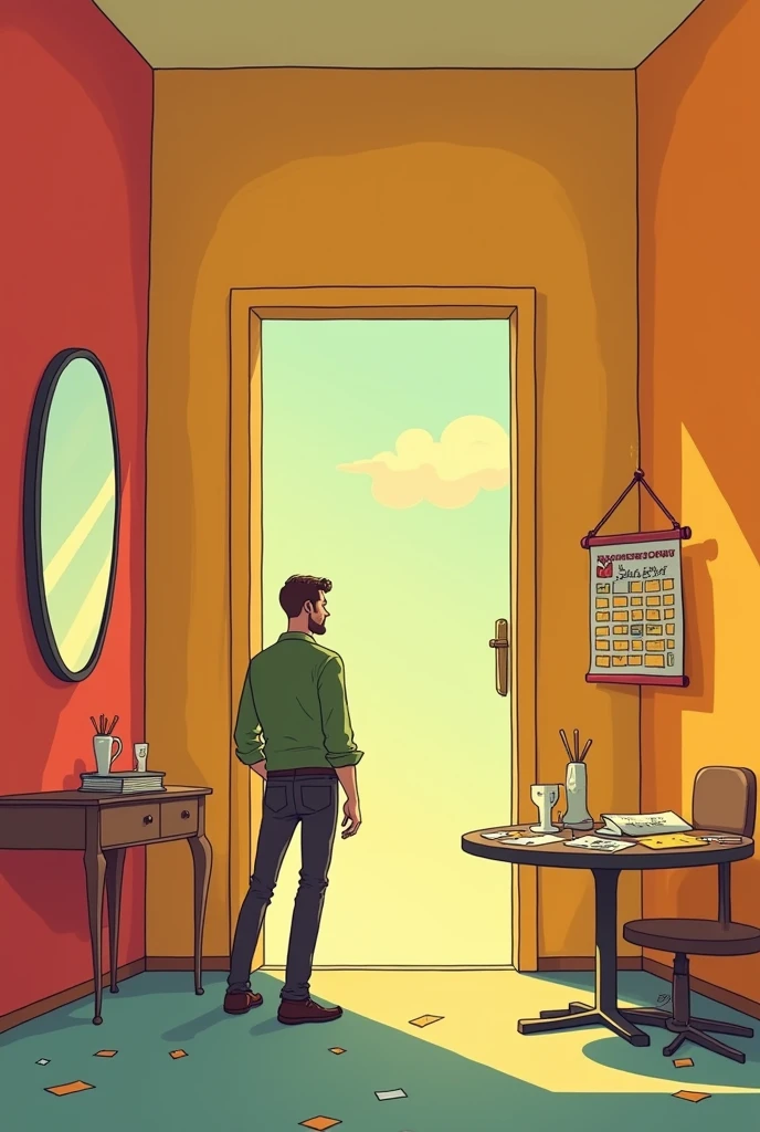 A cartoon room with no windows and only one door. A man standing in the room.The door is locked from the outside, and there is no keyhole.The man thinking how to get out of the room.Inside the room, there is a table, a mirror, and a calendar. How do you escape?