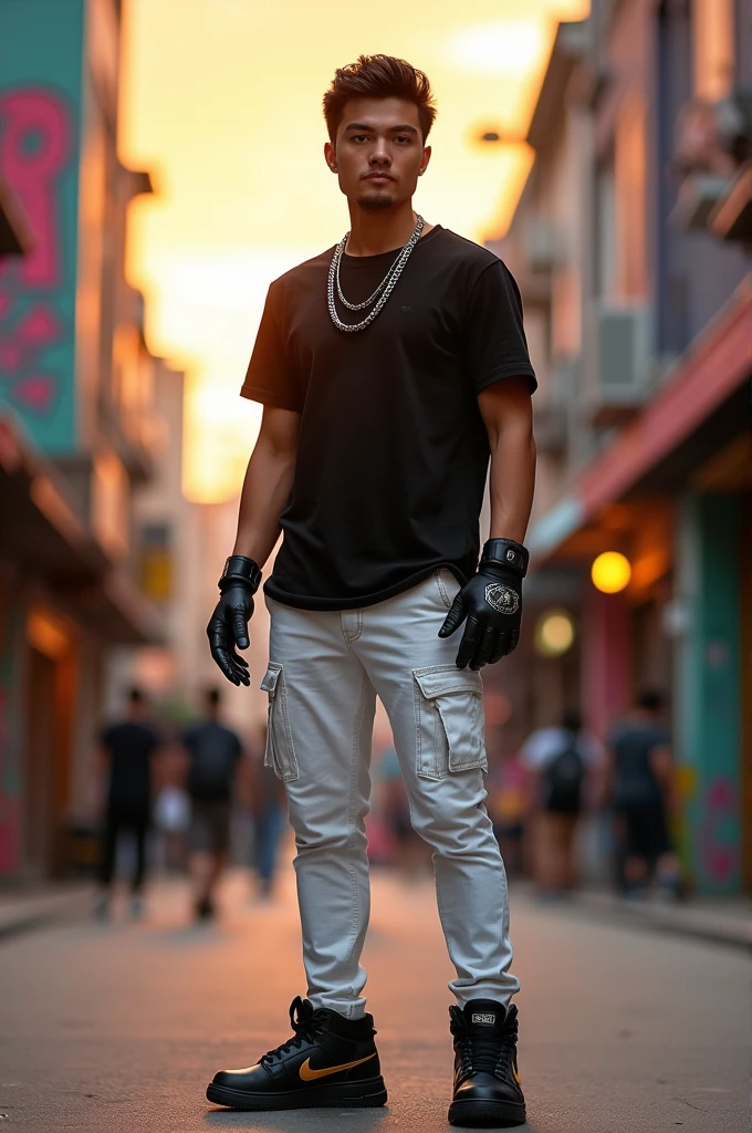 Luan Uzumaki wearing a black shirt, white pants, a silver chain around his neck, motorcycle gloves, and Nike sneakers. 