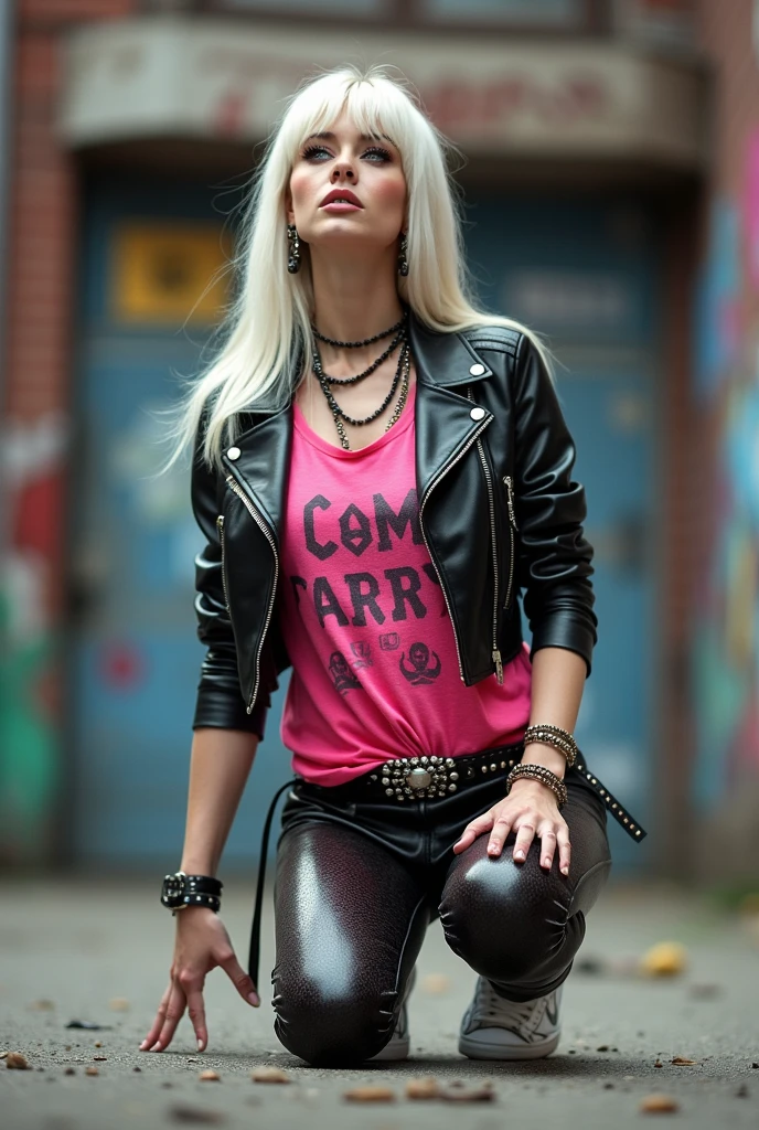 russian milf, platinum blonde hair, long, and straight with a fringe, with very light blue eyes, pale, lots of makeup. Wearing black perdfecto moto jacket with popped up collar, rock band logo t-shirt with skulls, shiny snake-skin leggings and white tennis sneakers. Big loop earrings. Wide tacky belt with big tacky buckle, dog collars, lots of rings and studded bracelets. Big loop earrings.Tattoos .Full body, kneeling and praying in the street. Afraid of God.Seen from above,