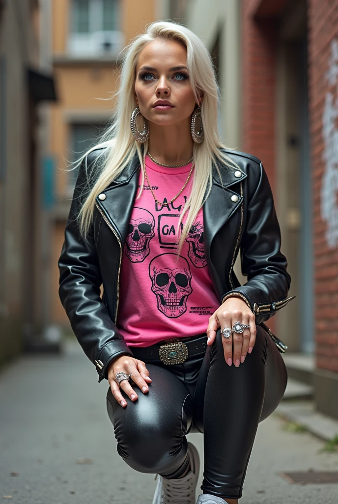 russian milf, platinum blonde hair, long, and straight with a fringe, with very light blue eyes, pale, lots of makeup. Wearing black perdfecto moto jacket with popped up collar, rock band logo t-shirt with skulls, shiny snake-skin leggings and white tennis sneakers. Big loop earrings. Wide tacky belt with big tacky buckle, dog collars, lots of rings and studded bracelets. Big loop earrings.Tattoos .Full body, kneeling and praying in the street. Afraid of God.Seen from above,