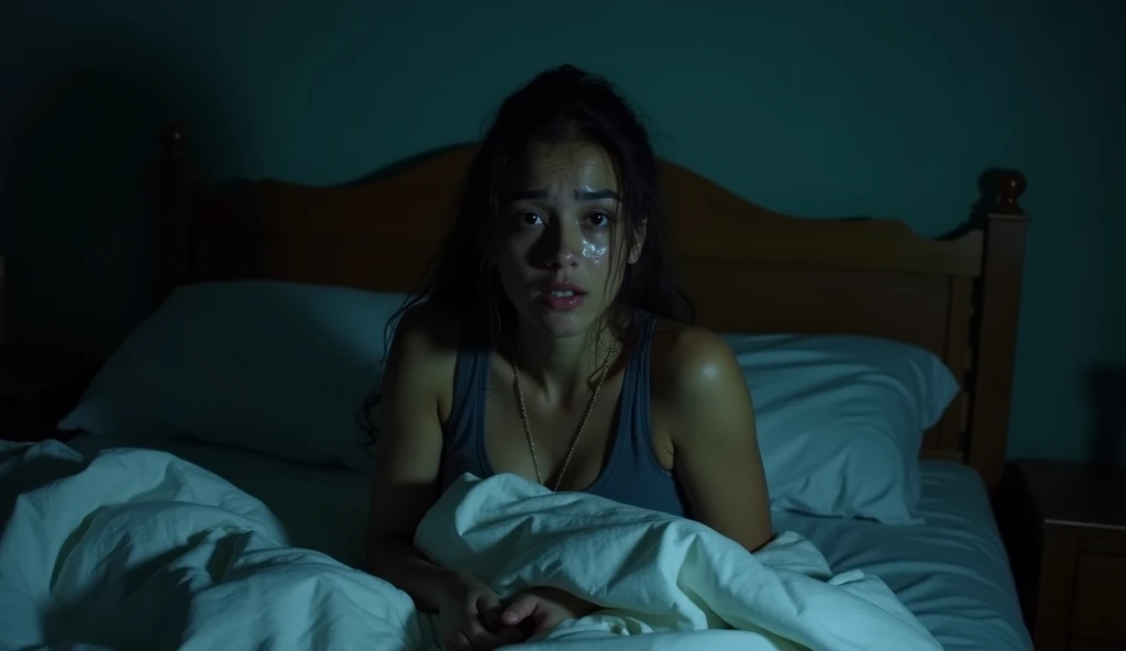 Character: Sunaina, sitting up in bed, her face drenched in sweat and fear, eyes wide open as if just awoken from a nightmare.
Background: A dimly lit bedroom with shadows cast across the walls. The bed is disheveled, and the room is filled with an atmosphere of tension and unease. A bedside clock shows the time as 1:00 AM. The room should feel claustrophobic, with darkness pressing in from all sides.