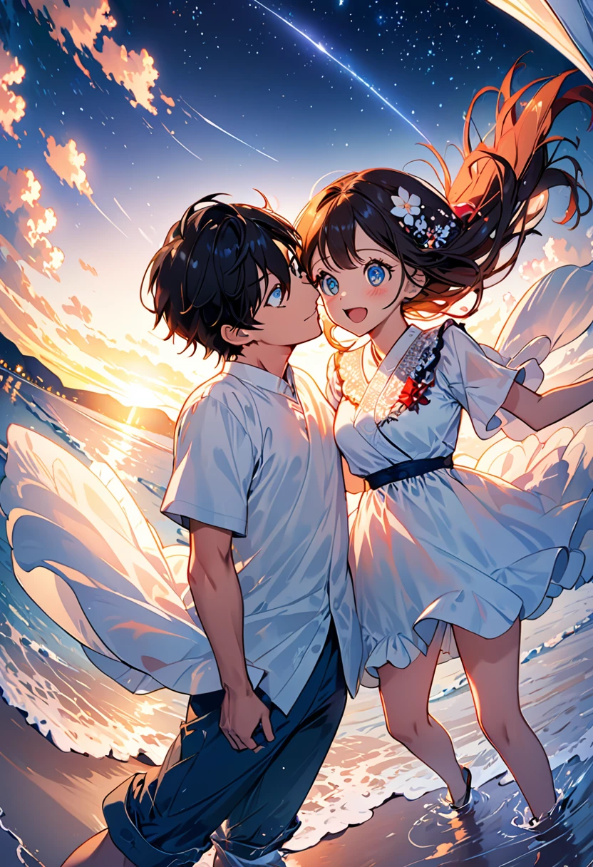 (Highest quality、Very detailed、Real:1.37)、humor、Seaside、night、Big eyes、Starry Sky、Manga style、Desaturate、Fun couple、Laughter、Floating Love、