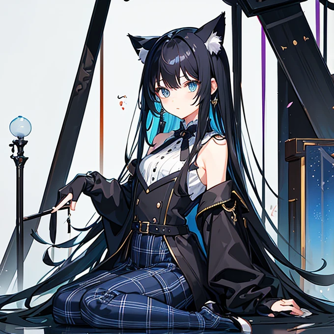 Masterpiece、Black Hair、Long Hair、Cat Eyes、Idol衣装、Blue plaid、whole body、Idol