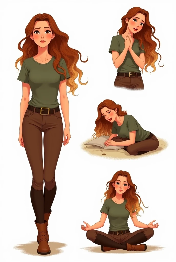 Illustration sur fond blanc. Femme aux cheveux longs, bouclés, châtain avec un dégradé blond, yeux noisette, t-shirt vert militaire, pantalon d’équitation marron avec ceinture et boots marron. Dans différentes situations : marche calmement ; énervée ; se repose ; médite