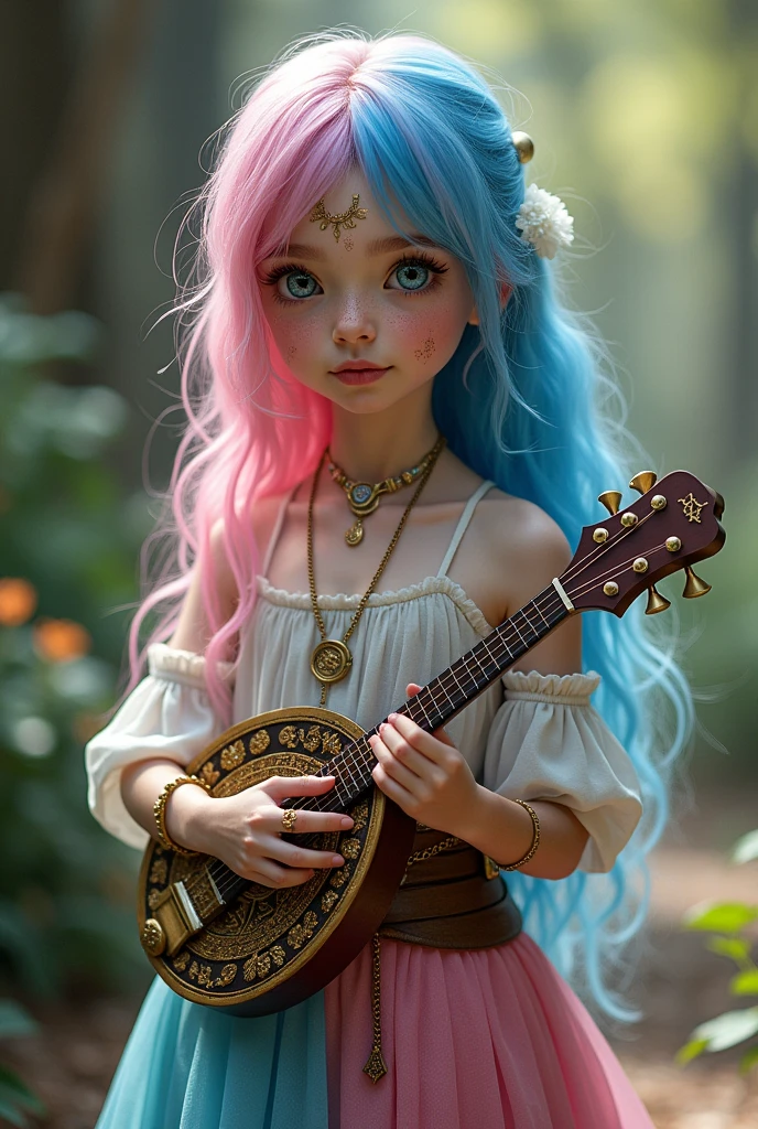 A very beautiful girl, Young and sexy, Your hair is half pink and half blue.. Your skin is white and delicate, with golden magical symbols tattooed on it, and your body is covered in a shimmering golden powder., your eyes are silver, She is noble e possui vestes chiques e elegantes porém é uma aventureira filha de uma fada, She is noble, She is also a bard and loves music, She's always with her delicate lute, besides carrying her beautiful sword, Because she is a bard, she is always with her lute in hand and her beautiful sword sheathed, She also wears high heels, She carries the mandolin in her hands and her sword at her waist..