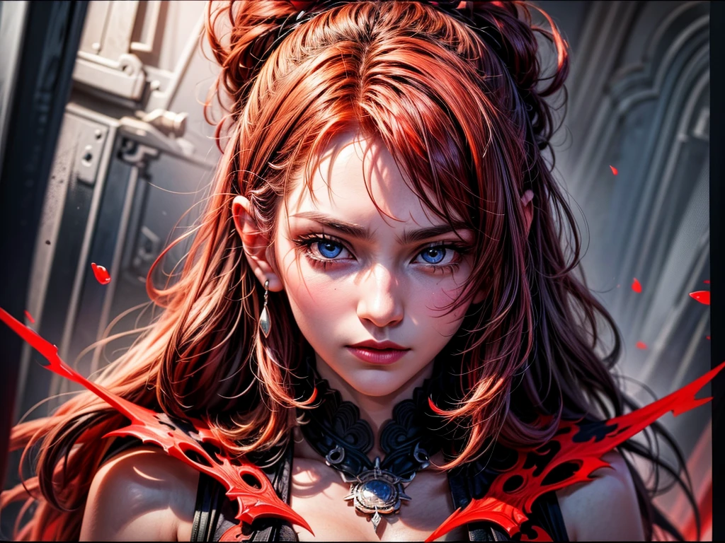 a portrait of vampire with a bloody tear coming down from he eye, an exotic beautiful female vampire, red hair color, dynamic hair style, ultra detailed face, best detailed face, silver eye color, ((1single red teardrop: 1.3)), ((tear drop made from blood)), ((teardrop coming down from the eye: 1.3)), small cleavage, wearing two black diamond earrings, Ultra-high resolution, High Contrast, (masterpiece:1.5), highest quality, Best aesthetics), 16K fantasy art, best details, best quality, highres, (ultra wide angle: 1.2), 16k, [ultra detailed], masterpiece, best quality, (extremely detailed),  Daily-Challenge, FANTASIA
