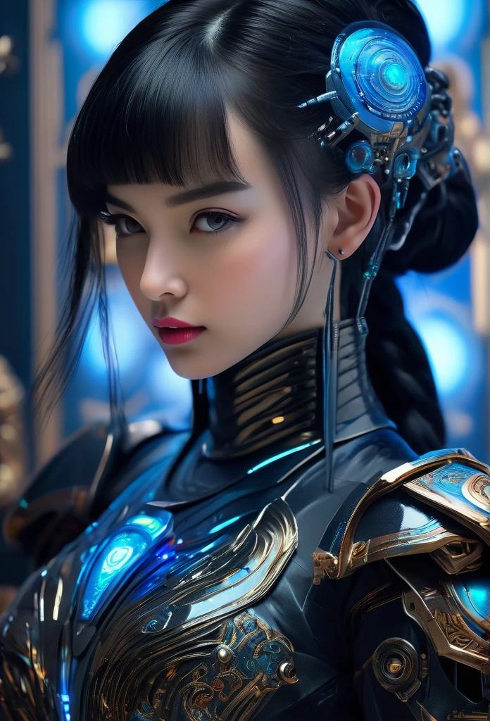 (Best Quality, 4K, 8K, High Resolution, Masterpiece: 1.2), (Super Detailed, Realistic, Photorealistic:1.37), A woman in futuristic clothing, (erotic and sexy:1.4), Trending on cgstation, Trending on cgstation, (Portrait of a girl in the Knights of the Zodiac:1.4), (blunt bangs:1.7), Cute Cyborg Girl, Perfect android girl, Portrait Astronaut Girl, Beautiful girl cyborg, Girl wearing black pale blue iridescent mechanical cyber armor, Game CG, cgsociety and fenghua zhong, Beautiful Cyborg Shrine Maiden, Bioluminescence, (Gal Gadot:0.6), Anatomically correct grip, Anatomically correct four fingers and one thumb, (long claws:1.4), erotic and sexy, A gorgeous cape with beautifully detailed embroidery, energy ball