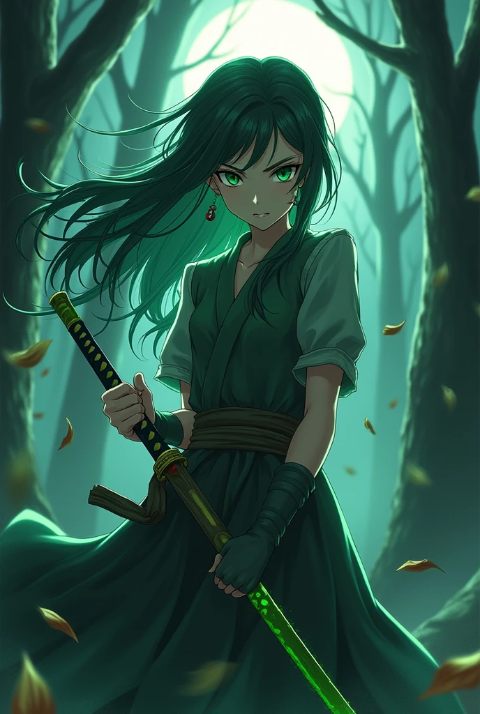Anime ufotable studios demon slayer character with green eyes and hair with a green katana and a stoic expression