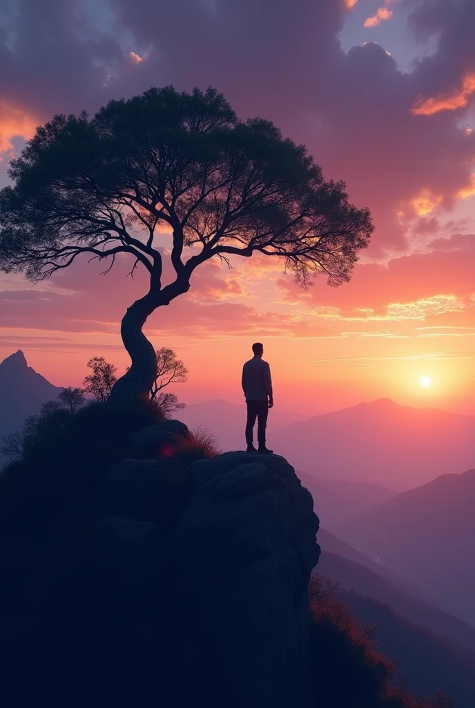 A man stand on a high mountain alone near me a lone tree and it was dusk sky a beautiful place