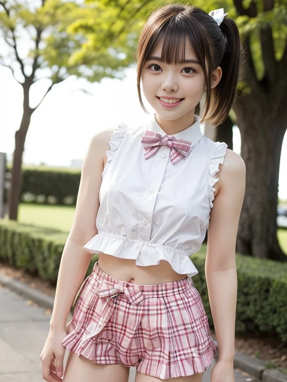 1 Japanese girl standing, sleeveless white shirt, plaid bow tie, thong with plaid frill,18year old, bangs, smiles, thighs, knees, short cut hair, pony Tail, in park