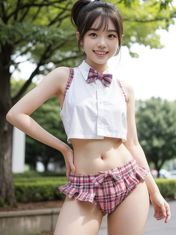 1 Japanese girl standing, sleeveless white shirt, plaid bow tie, thong with plaid frill,18year old, bangs, smiles, thighs, knees, short cut hair, pony Tail, in park