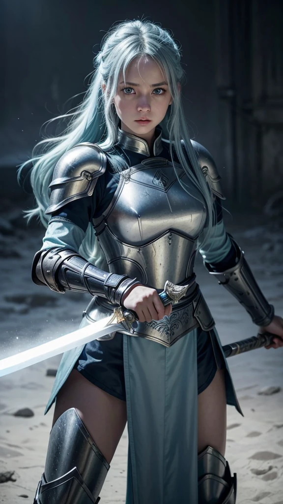 A young female warrior with long light blue hair, light blue eyes, wearing light blue armor, and wielding a one-handed sword. The scene is photo realistic, 8k quality, masterpiece, High Resolution, High Quality.