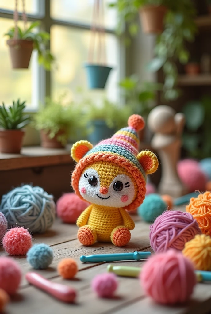 Create an image related to amigurumi materials and the text 'Crochetinho'