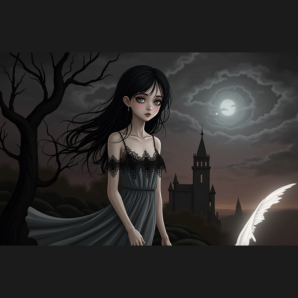 lonely beautiful depressed gothic girl in the most depressing gloomy setting, dark, otherworldly, 