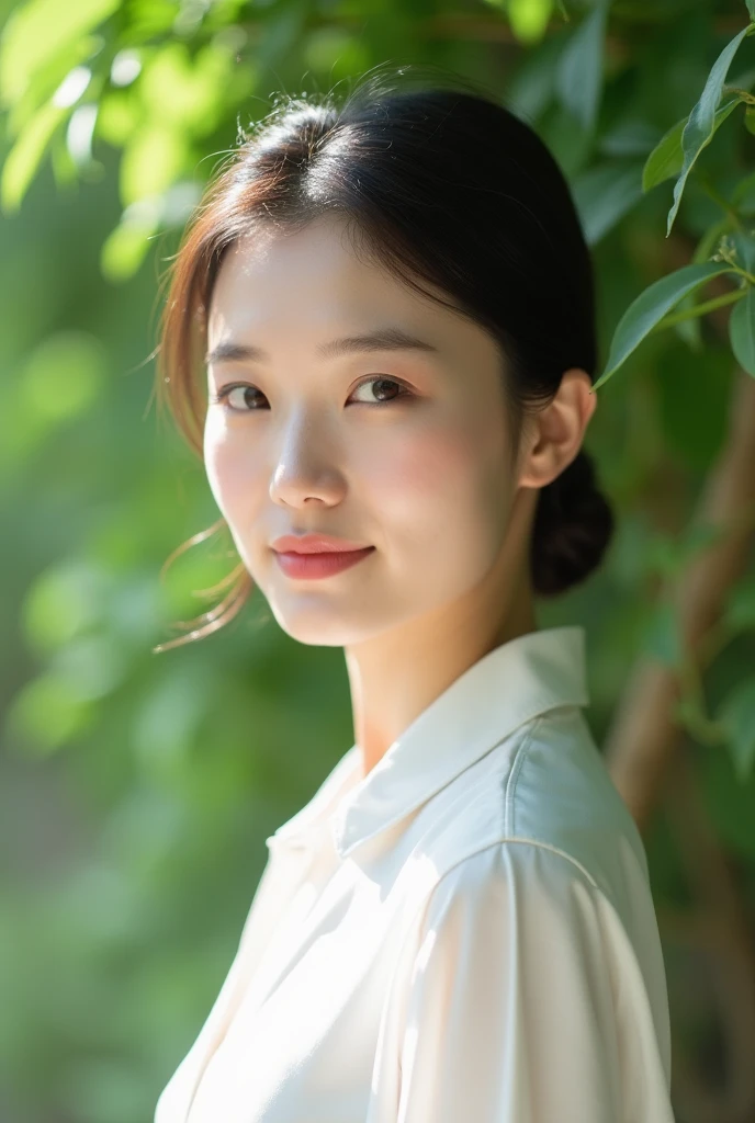 An elegantly dressed Japanese woman in natural light、A close-up of her chest and calm expression.、It shows her inner peace and outer charm.。She is 43 years old。Wearing a white shirt。