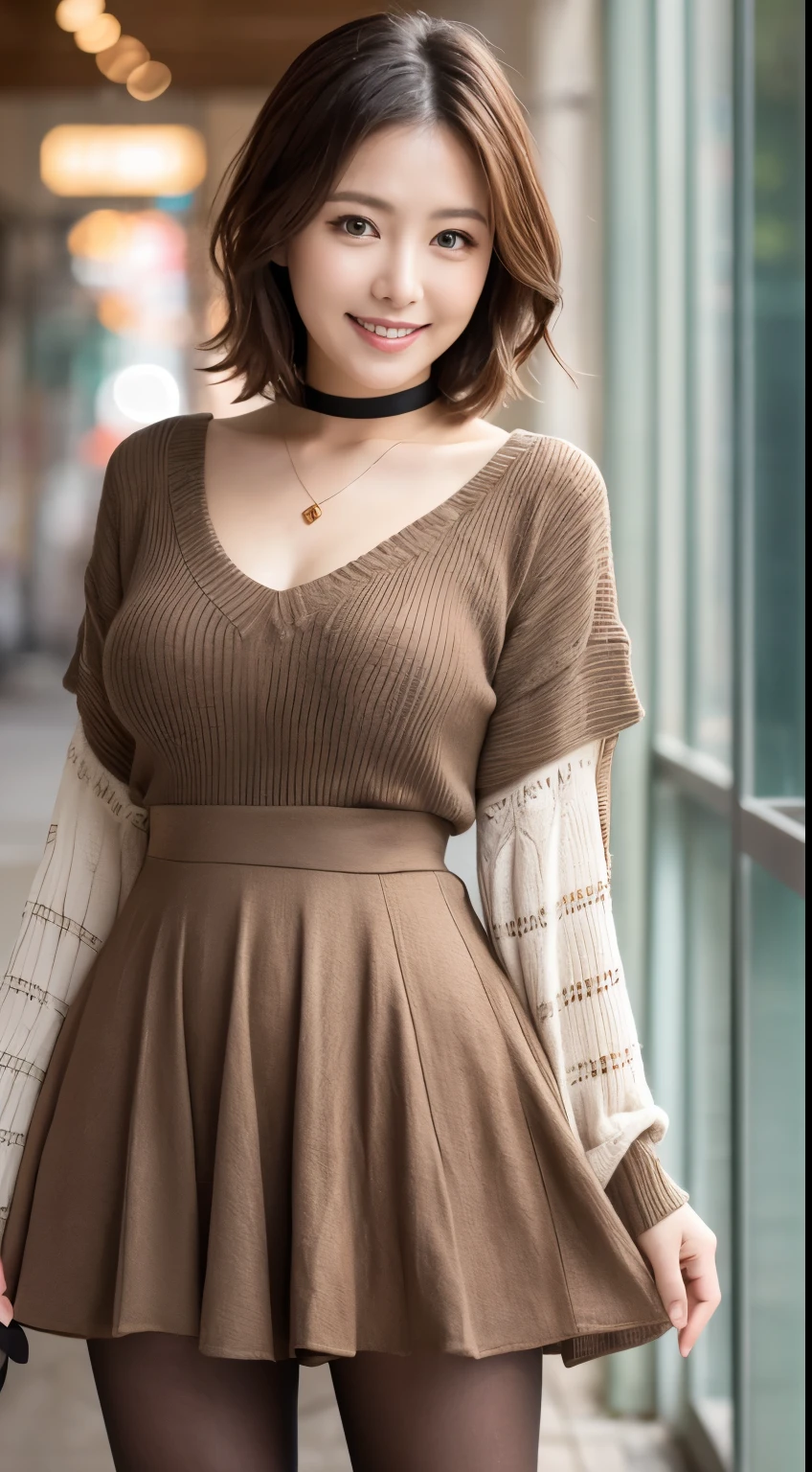 (((masterpiece))), (((Highest quality: 1.4))), ((Super detailed: 1.4)) ,(Genuine: 1.4), A simple 33-year-old wife、(Wear a knit dress that shows off your beautiful body line.)、(Ultra-realistic pantyhose:1.3)、Thighs Thighs、A walk in the park、height: 156cm, A little chubby、choker、Japanese Model, Short Layered Hair、Laughter、smile、Japanese, A proper Japanese woman, Japanese女神, Innocence、Large file size, High resolution, Very detailed, Highest quality, [masterpiece:1.6], Awareness-raising, Very detailed, Hmph, finely, Highest quality, 8k wallpaper, Cinema Lighting,  Cute droopy eyes、Beautiful big eyes、)), Highest quality, One mature woman, eye shadow, Portraiture, (((Full Body Shot:1.3)))、((とても愛情深いsmile:1.2))、((Very long legs:1.3)),(elegant brown hair:1.4)),((Short Hairstyles:1.4)), 　Shiny skin、Bare thighs!!!、