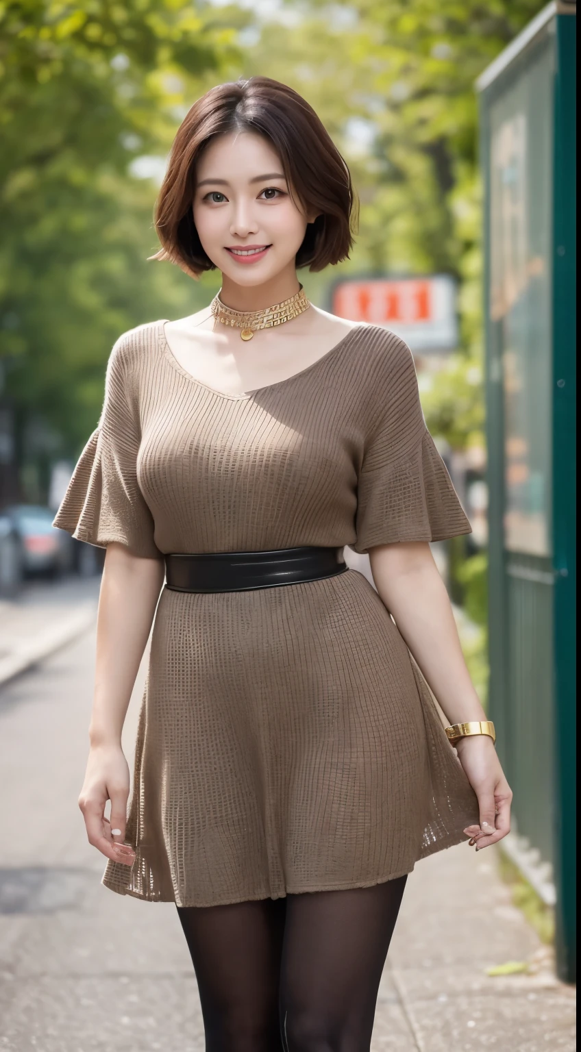 (((masterpiece))), (((Highest quality: 1.4))), ((Super detailed: 1.4)) ,(Genuine: 1.4), A simple 33-year-old wife、(Wear a knit dress that shows off your beautiful body line.)、(Ultra-realistic pantyhose:1.3)、Thighs Thighs、A walk in the park、height: 156cm, A little chubby、choker、Japanese Model, Short Layered Hair、Laughter、smile、Japanese, A proper Japanese woman, Japanese女神, Innocence、Large file size, High resolution, Very detailed, Highest quality, [masterpiece:1.6], Awareness-raising, Very detailed, Hmph, finely, Highest quality, 8k wallpaper, Cinema Lighting,  Cute droopy eyes、Beautiful big eyes、)), Highest quality, One mature woman, eye shadow, Portraiture, (((Full Body Shot:1.3)))、((とても愛情深いsmile:1.2))、((Very long legs:1.3)),(elegant brown hair:1.4)),((Short Hairstyles:1.4)), 　Shiny skin、Bare thighs!!!、